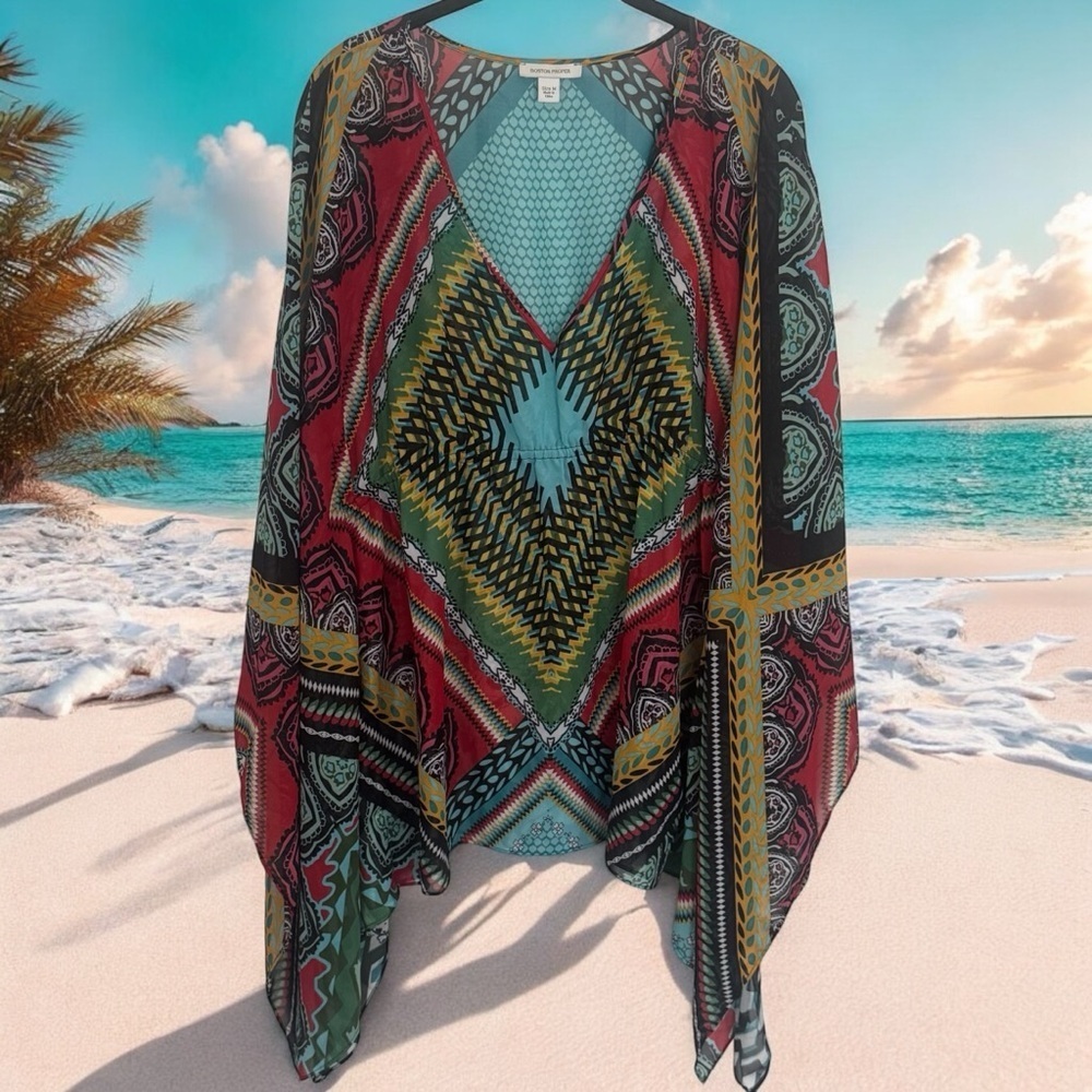 Boston Proper Multicolor Geometric‎ Print Sheer Resort Vacation Swim Cover up M